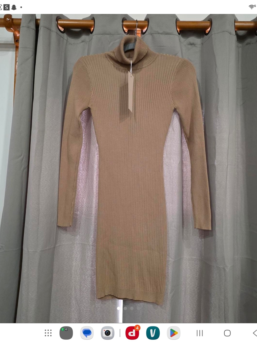 chic Ribbed Turtleneck Long Sleeve Midi Dress in Tan